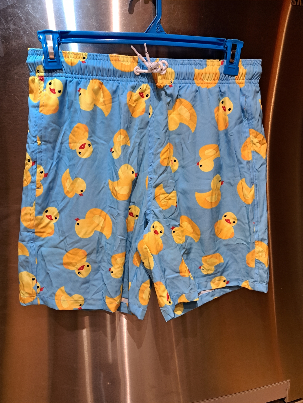 Blue Swim Shorts with Yellow Rubber Duck Print
